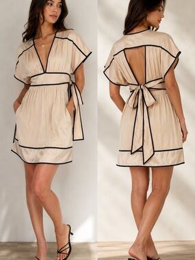 Urban Behavior Champagne Open Back Tie Dress | Contrast Trim | Size M
